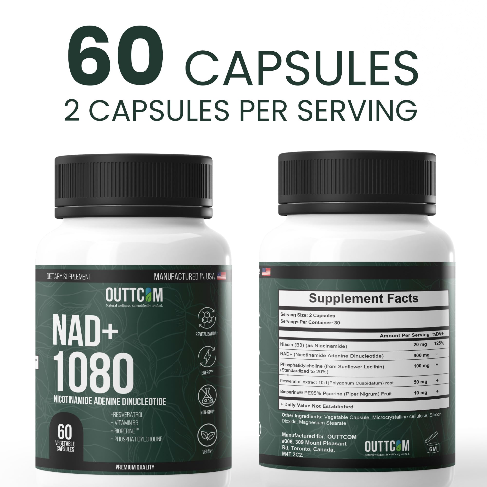 Two bottles of Outcom NAD+ 1080 supplement with label details 