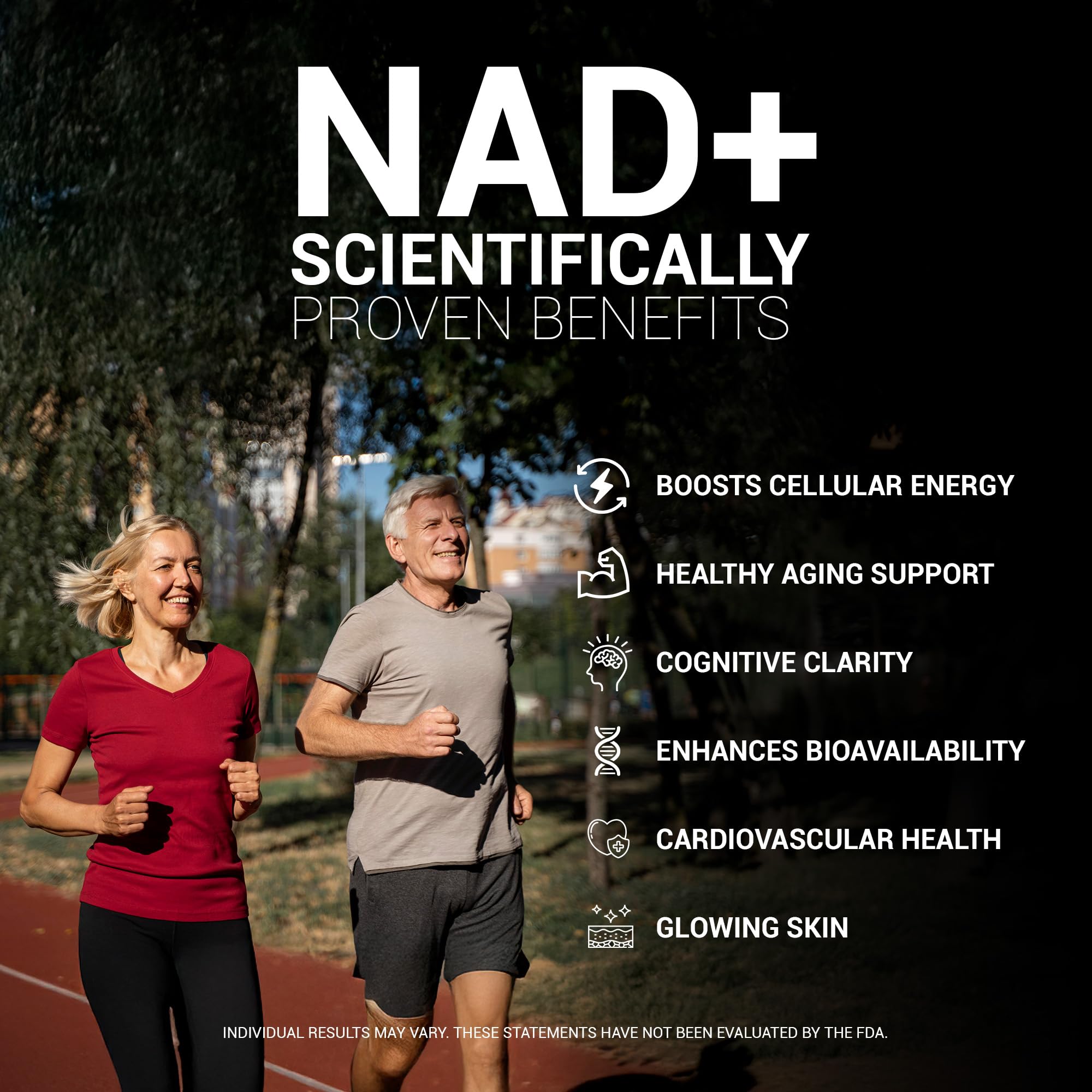Two people running outdoors with  about NAD+ benefits 