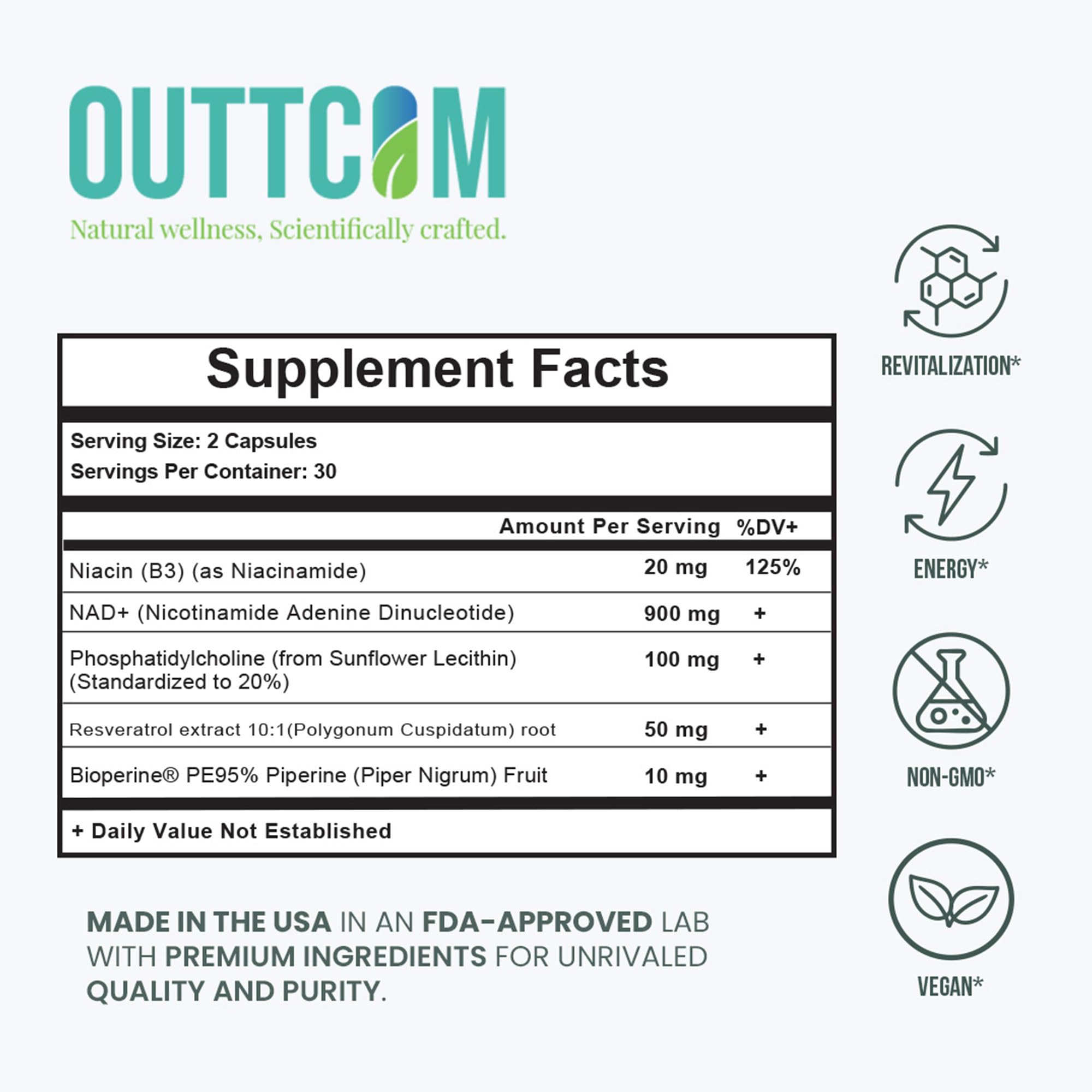 Supplement facts label with Outcom branding and ingredient list 