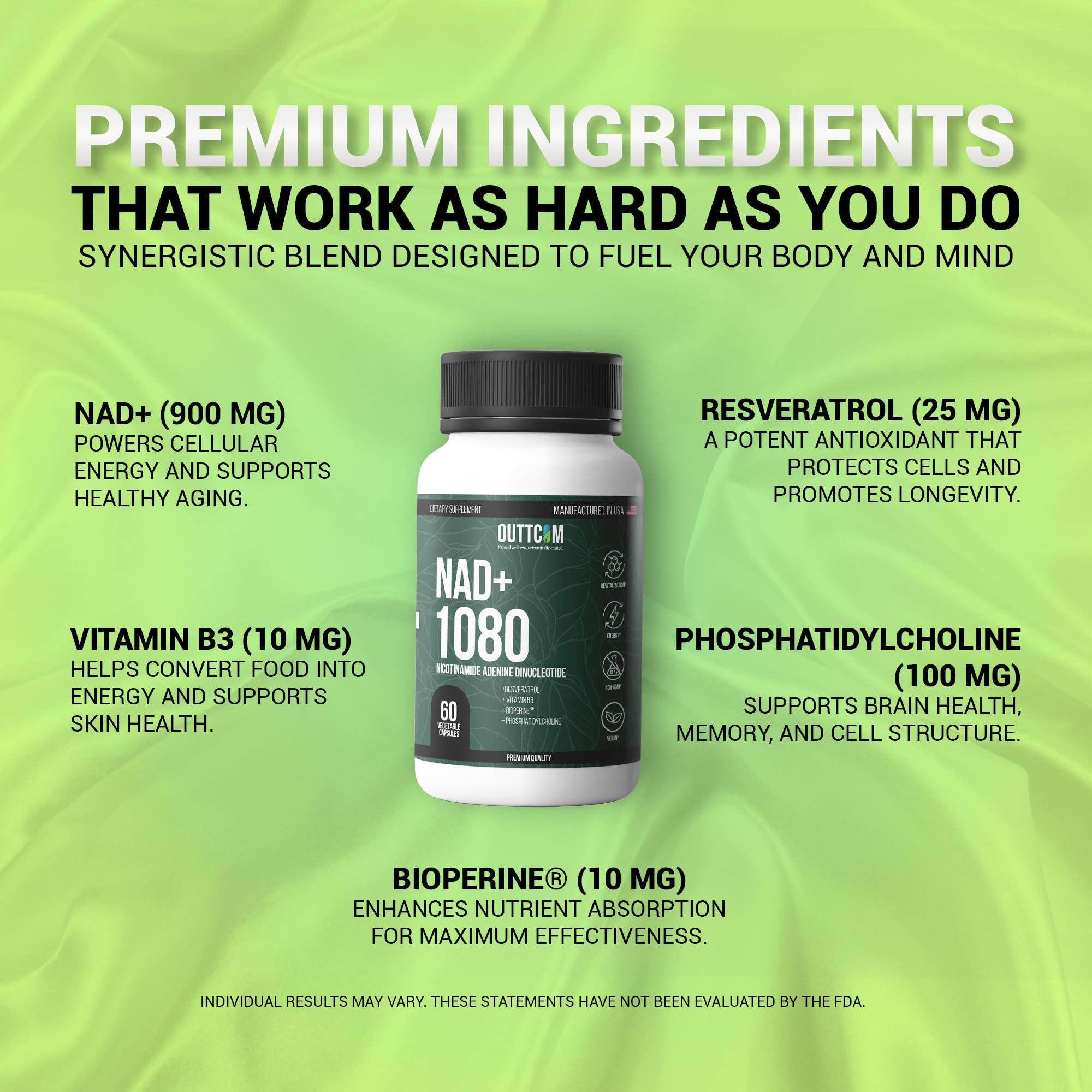 NAD+1080 Supplement bottle with listed ingredients 